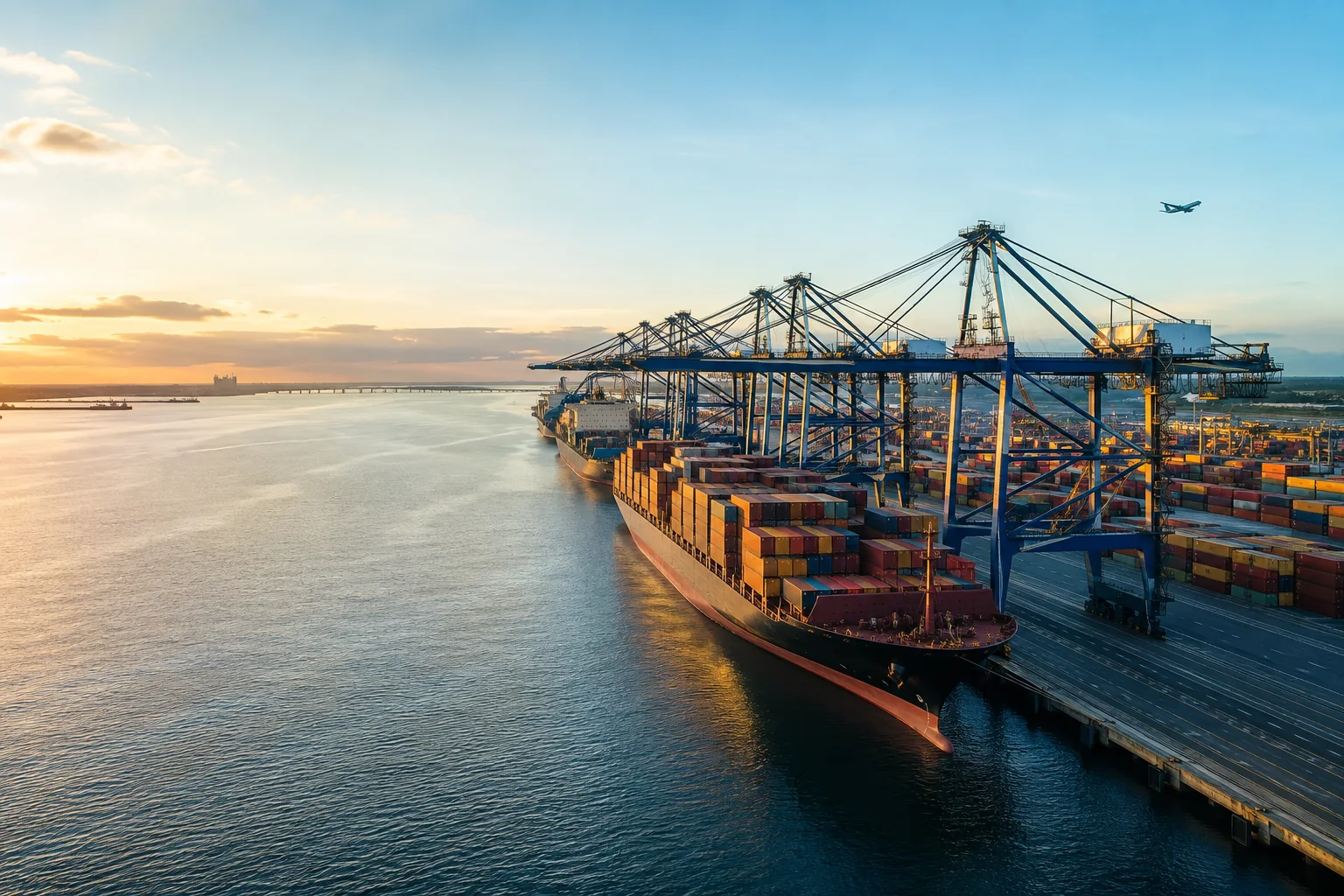 Navio porta-contêineres atracado em um terminal internacional ao nascer do sol